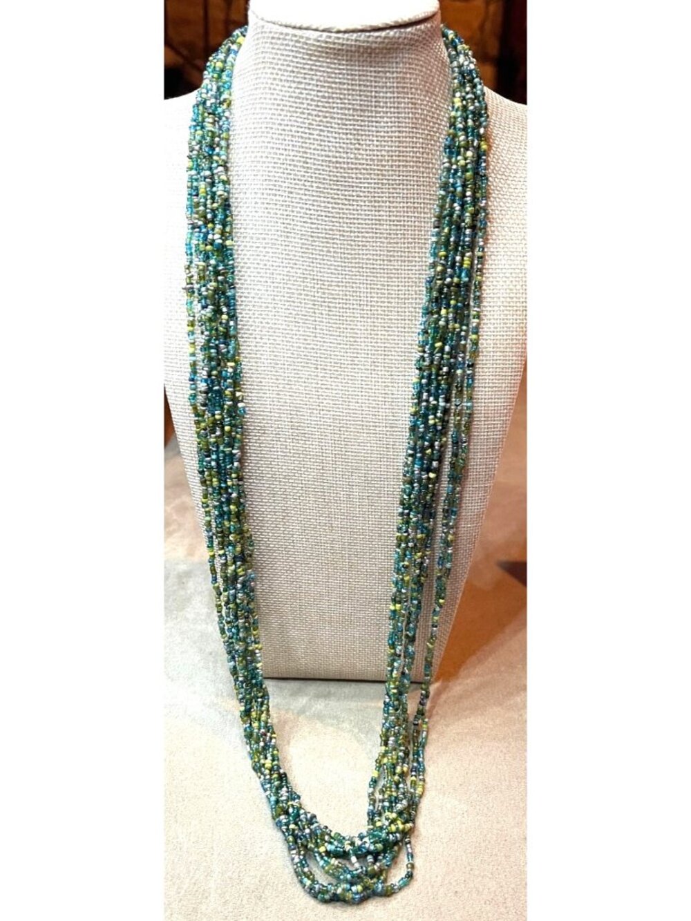Vintage Y2K Boho Multi-Strand Green & Teal Glass Seed Bead Cascading Necklace